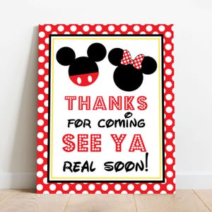 ミッキーとミニーマウスの「来てくれてありがとう。またすぐ会おうね」サイン、ミッキーマウスパーティーサイン、印刷可能なミッキーとミニーマウスサイン