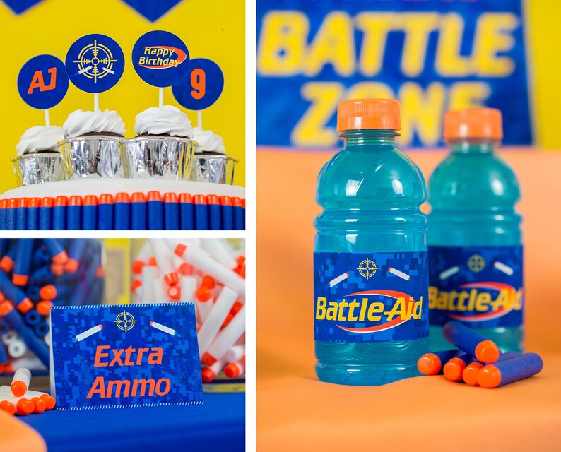 May include: A birthday party setup with blue and orange decorations. There are cupcakes with blue and orange frosting and a sign that says "Happy Birthday". There are also blue and orange drinks with a label that says "Battle-Aid".