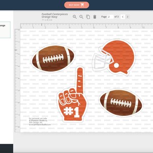 May include: Four printable football-themed centerpieces: a football, a football helmet, a foam finger with the number one, and another football. The centerpieces are orange and brown with white accents.