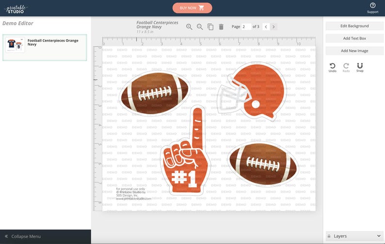 May include: Four printable football-themed centerpieces: a football, a football helmet, a foam finger with the number one, and another football. The centerpieces are orange and brown with white accents.