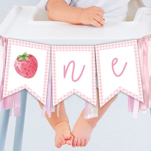 Strawberry ONE Banner Printable Strawberry Highchair Banner Instant Download Strawberry Banner Berry First Birthday Banner