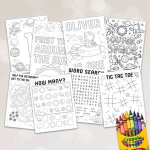 May include: A set of printable colouring pages featuring an astronaut theme. The pages include a word search, noughts and crosses game, a maze, a 'how many' counting activity, and a page with the text 'First trip around the sun is one'.