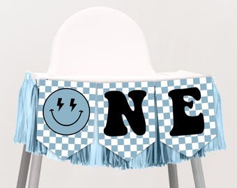 Striscione per seggiolone "ONE Happy Dude" in blu, banner per il primo compleanno, modello Canva 0200 (file digitale)