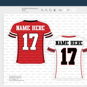 May include: Two printable football jersey designs. One is red with white trim and the other is white with red trim. Both jerseys have black numbers and the text "NAME HERE" on the back.