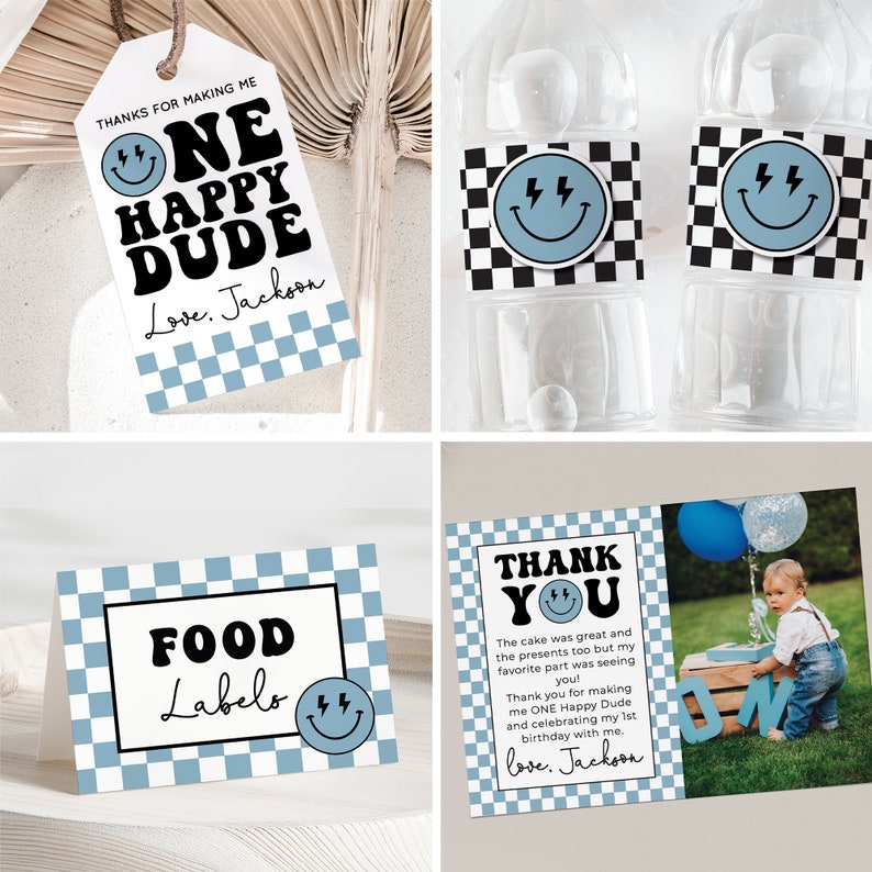 May include: A set of printable party decorations for a first birthday party. The decorations feature a blue and white checkered pattern with a smiling face with lightning bolts. The text on the decorations says "One Happy Dude" and "Food Labels".