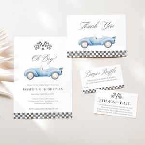 Bearbeitbares Rennwagen-Babyparty-Einladungspaket, hellblaues Racing-Einladungsset, Oh Boy Blue-Rennwagen-Babyparty, Rennwagen-Babyparty