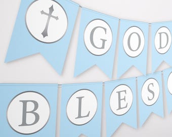 God Bless Banner - Light Blue Silver First Communion Banner - Boys Baptism Banner - Instant Download Blue Banner - Baptism God Bless Banner