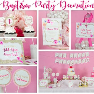 Baptism Party Decorations Set Pink Gold and Floral Instant Download - Girls Baptism Party - Pink Baptism Decorations by Printable Studio