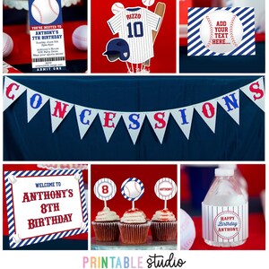 May include: A collection of baseball-themed party decorations. Includes a ticket-style invitation, a jersey graphic, a banner that says "CONCESSIONS", cupcake toppers, and water bottle labels. The decorations are red, white, and blue.