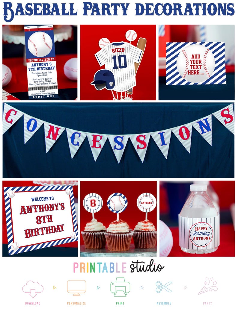 May include: A collection of baseball-themed party decorations. Includes a ticket-style invitation, a jersey graphic, a banner that says "CONCESSIONS", cupcake toppers, and water bottle labels. The decorations are red, white, and blue.