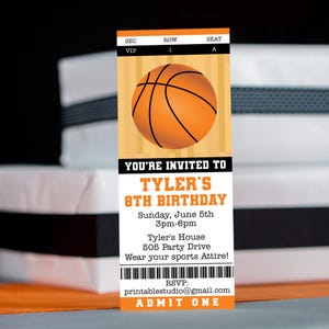 May include: Orange and black basketball ticket invitation for Tyler's 8th birthday party. The invitation features a basketball graphic and the text "You're invited to Tyler's 8th Birthday". The party details include the date, time, location, and a request to wear sports attire.