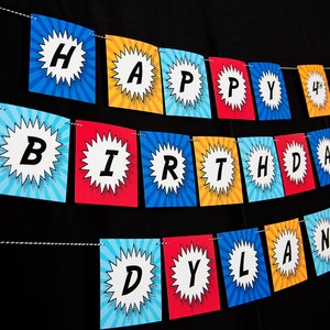 Superhero Birthday Banner, Superhero Birthday Party Banner, Comic Book Party Banner Printable Banner in Red, Yellow and Blue