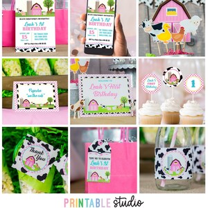 May include: Printable pink and black farm party decorations with a pink barn, cow, duck, chicken, and sheep. The decorations include a birthday invitation, cupcake toppers, a thank you tag, a favor bag tag, and a milk bottle wrapper. The text on the invitation says "Leah's 1st Birthday".