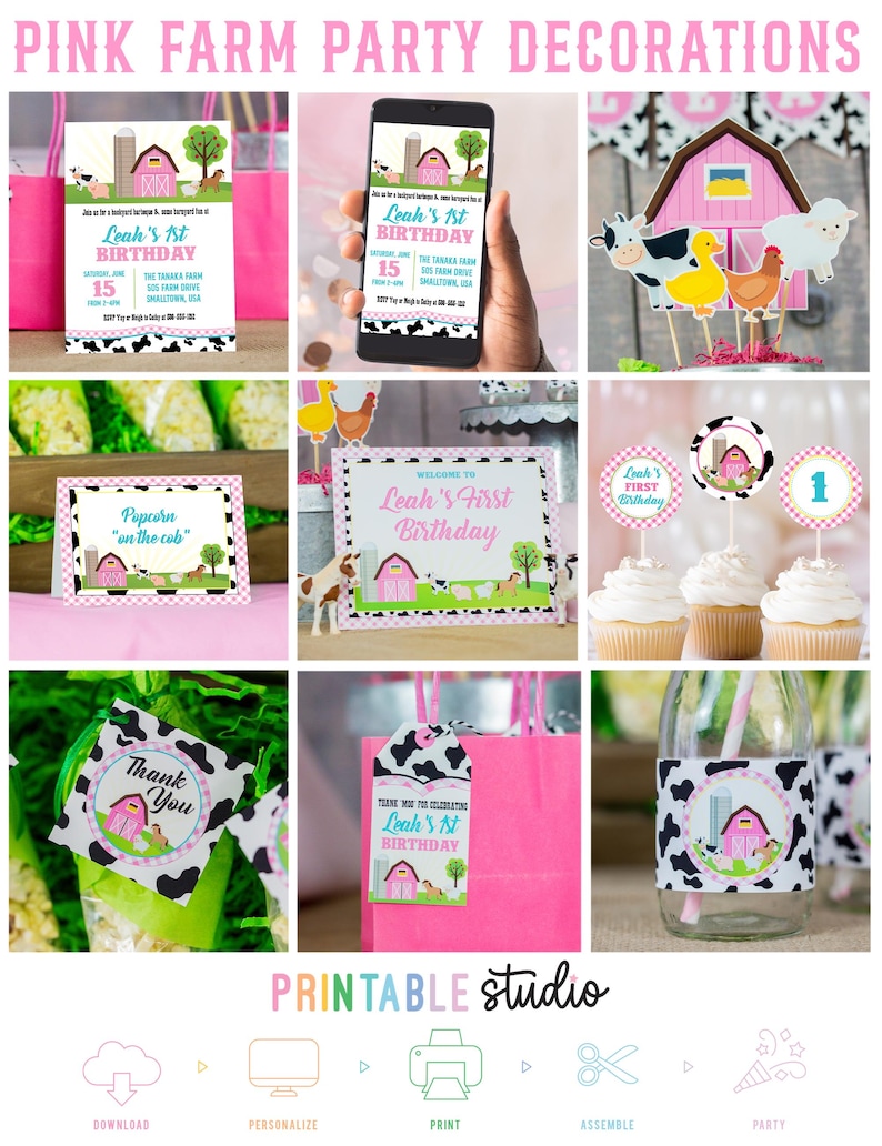May include: Printable pink and black farm party decorations with a pink barn, cow, duck, chicken, and sheep. The decorations include a birthday invitation, cupcake toppers, a thank you tag, a favor bag tag, and a milk bottle wrapper. The text on the invitation says "Leah's 1st Birthday".
