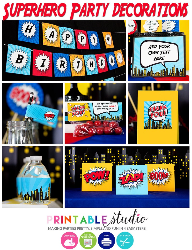 Superhero Party Decorations Comic Book Party Decorations Printable Comic Book Party Superhero Birthday by Printable Studio image 2