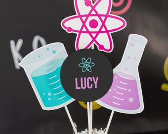 Centros de mesa para cumpleaños de ciencias, centros de mesa para fiestas científicas de niñas, decoraciones de mesa de laboratorio de ciencias, centros de mesa imprimibles para fiestas científicas