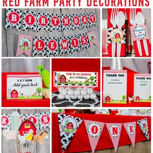 May include: Red and white farm-themed party decorations with a banner that says "Birthday Lewis" and another banner that says "One". The decorations include a sign that says "5 x 7 Sign Add your text", a thank you card, and a napkin with the text "Pitchforks and Shovels".