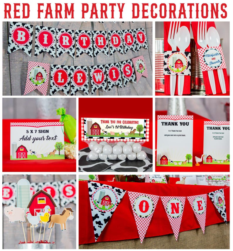May include: Red and white farm-themed party decorations with a banner that says "Birthday Lewis" and another banner that says "One". The decorations include a sign that says "5 x 7 Sign Add your text", a thank you card, and a napkin with the text "Pitchforks and Shovels".