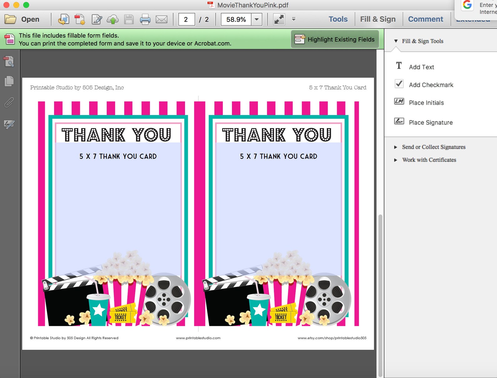 Movie Party Thank You Card in Pink Printable Movie Night - Etsy