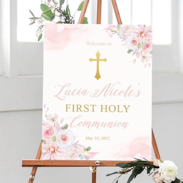 First Communion Welcome Sign for Girls Communion Large Sign Girl Pink Floral First Communion Party Sign Girls Communion Party Sign Pink Gold