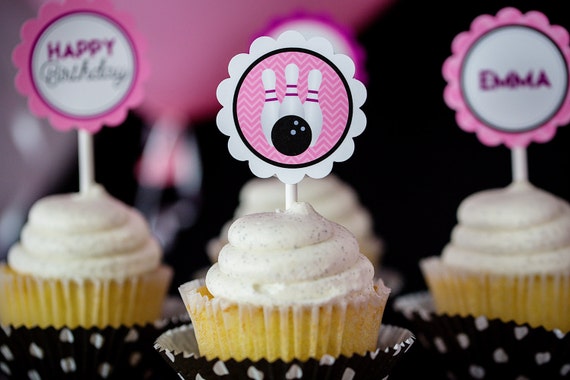 Bowling Cupcake Topper - Printable Pink Purple Bowling Party Cupcake Toppers - Bowling Party Cupcake Toppers by Printable Studio Il_570xn