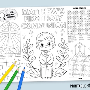 May include: A black and white printable activity sheet for Matthew's First Holy Communion. Features a color-by-number cross, word search, maze, and an illustration of a boy. Includes the text "Printable Studio".