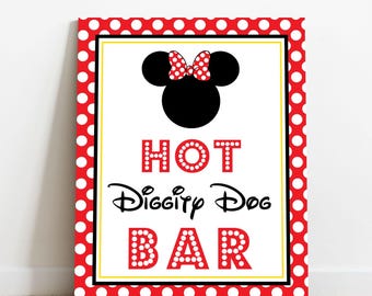 Minnie Hot Diggity Dog Bar Sign - Red Minnie Mouse Party Sign - Red Minnie Mouse Hot Dog Sign by Printable Studio