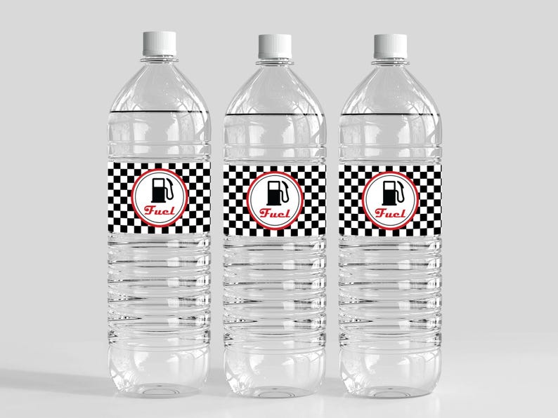 May include: Three clear plastic water bottles with black and white checkered labels that say "Fuel" in red letters. Each label has a black and white illustration of a gas pump.