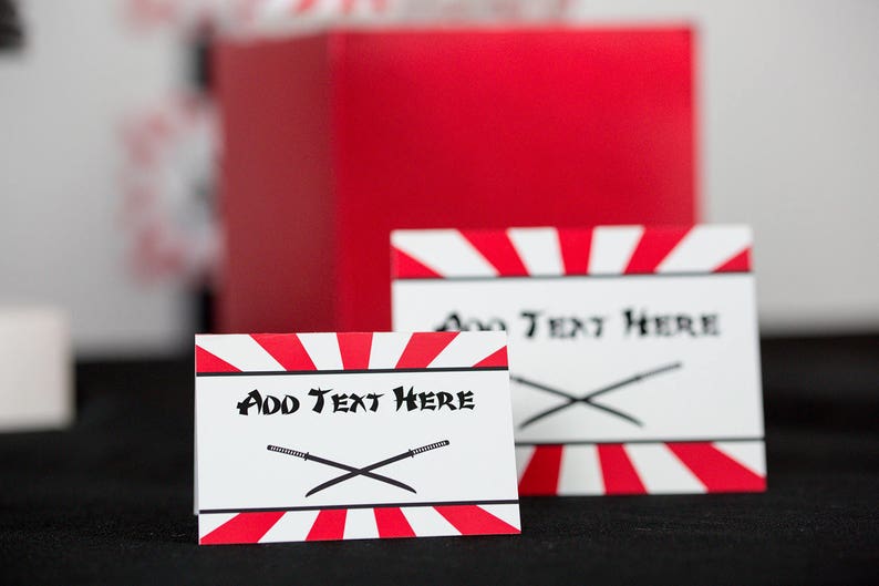 May include: Two white and red striped cards with black swords and the text "Add Text Here".