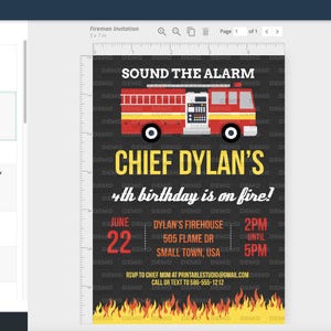 May include: A printable invitation for a 4th birthday party with a fire truck theme. The invitation features a red fire truck with yellow accents, a black chalkboard background, and the text "SOUND THE ALARM CHIEF DYLAN'S 4th birthday is on fire!"  The invitation also includes details about the party, such as the date, time, and location.