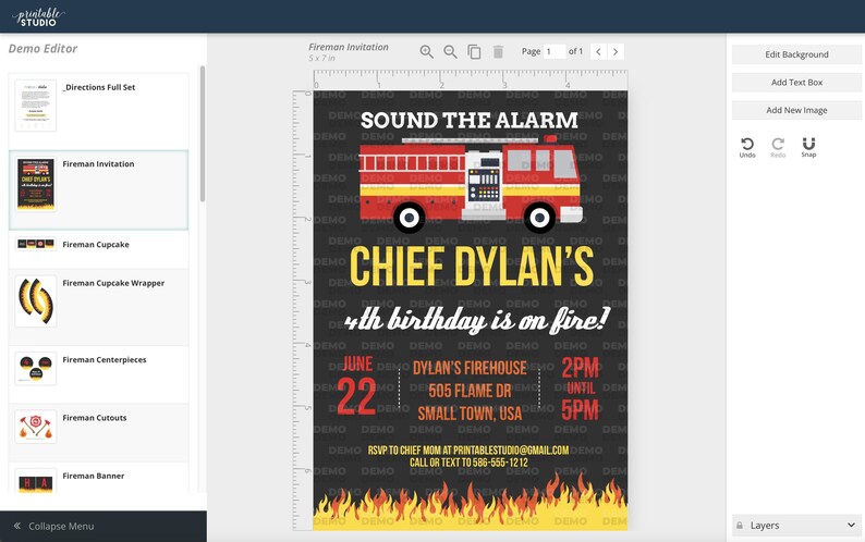 May include: A printable invitation for a 4th birthday party with a fire truck theme. The invitation features a red fire truck with yellow accents, a black chalkboard background, and the text "SOUND THE ALARM CHIEF DYLAN'S 4th birthday is on fire!"  The invitation also includes details about the party, such as the date, time, and location.