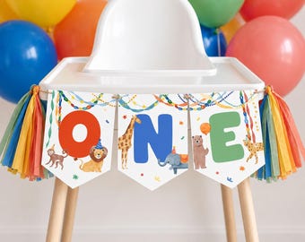 Party Animal Highchair Banner with Whimsical Steamers and Fun Animals,  First Birthday Animal One Banner Canva Template 0223 (digital file)