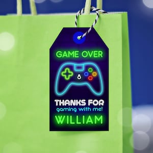 Etiquetas editáveis para lembrancinhas de festa de aniversário de videogame Neon Gamer Etiqueta de lembrancinhas Neon Glow Game Over Etiquetas de agradecimento Etiqueta de agradecimento para videogame