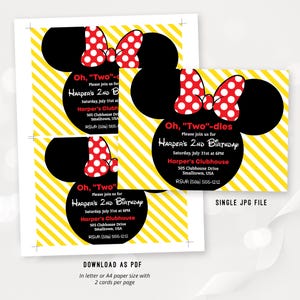 Puede incluir: Una invitaci&oacute;n imprimible para una fiesta de cumplea&ntilde;os de un ni&ntilde;o de dos a&ntilde;os. La invitaci&oacute;n presenta una imagen de dibujos animados de las orejas de Mickey Mouse con un lazo rojo y lunares blancos. El texto de la invitaci&oacute;n dice: "Oh, "Two"-dles Por favor, &uacute;nase a nosotros para el 2&ordm; cumplea&ntilde;os de Harper S&aacute;bado, 31 de julio a las 6 PM Harper's Clubhouse 505 Clubhouse Drive Smalltown, USA RSVA (586) 555-1212".