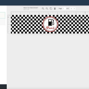 May include: A digital design template for a drink cooler featuring a black and white checkered pattern with a red circle containing a gas pump icon and the word "Fuel" in white text.