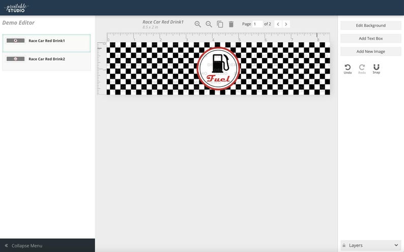 May include: A digital design template for a drink cooler featuring a black and white checkered pattern with a red circle containing a gas pump icon and the word "Fuel" in white text.