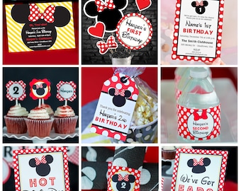 Minnie Mouse Birthday Decorations Bundle, Printable Minnie Birthday Decorations in Red, Instant Download Minnie Mouse Party Decor