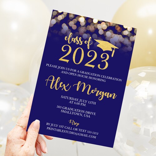 Editable Graduation Party Invitation Blue & Gold Invitation Etsy