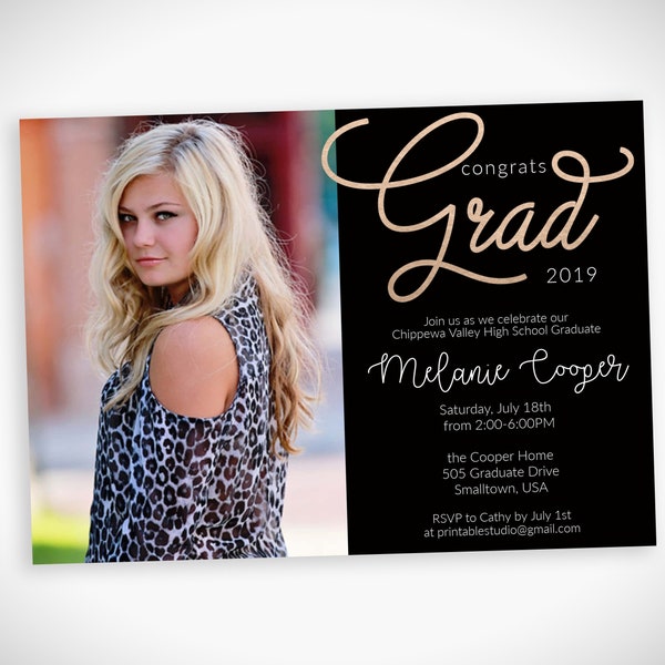 Photo Graduation Invitation in Rose Gold - Printable Graduation Party Invitation - 2019 Graduation Invitation - Black Rose Gold Graduation