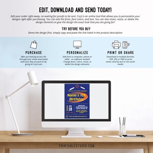 May include: Editable birthday invitation template with a blue and orange color scheme. The invitation features a compass, a ship's wheel, and the text "Name's 9th Birthday".
