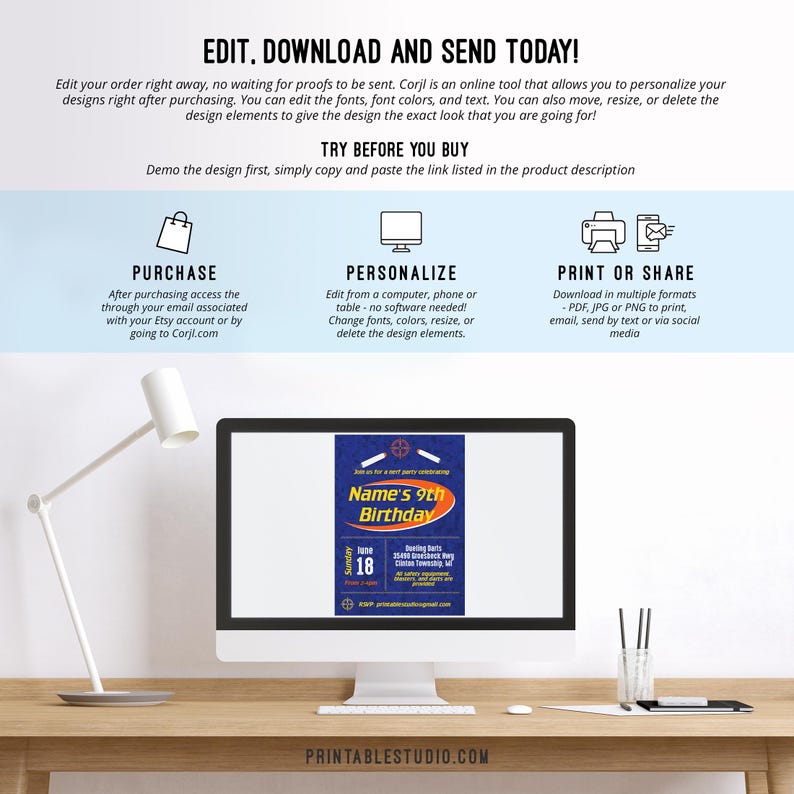 May include: Editable birthday invitation template with a blue and orange color scheme. The invitation features a compass, a ship's wheel, and the text "Name's 9th Birthday".