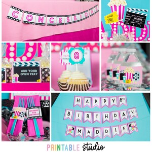 May include: Printable movie party decorations in pink, black, and white with a film reel theme. The decorations include a banner that says "CONCESSIONS", a banner that says "HAPPY 8TH BIRTHDAY MADDIE", cupcake toppers, and water bottle labels.