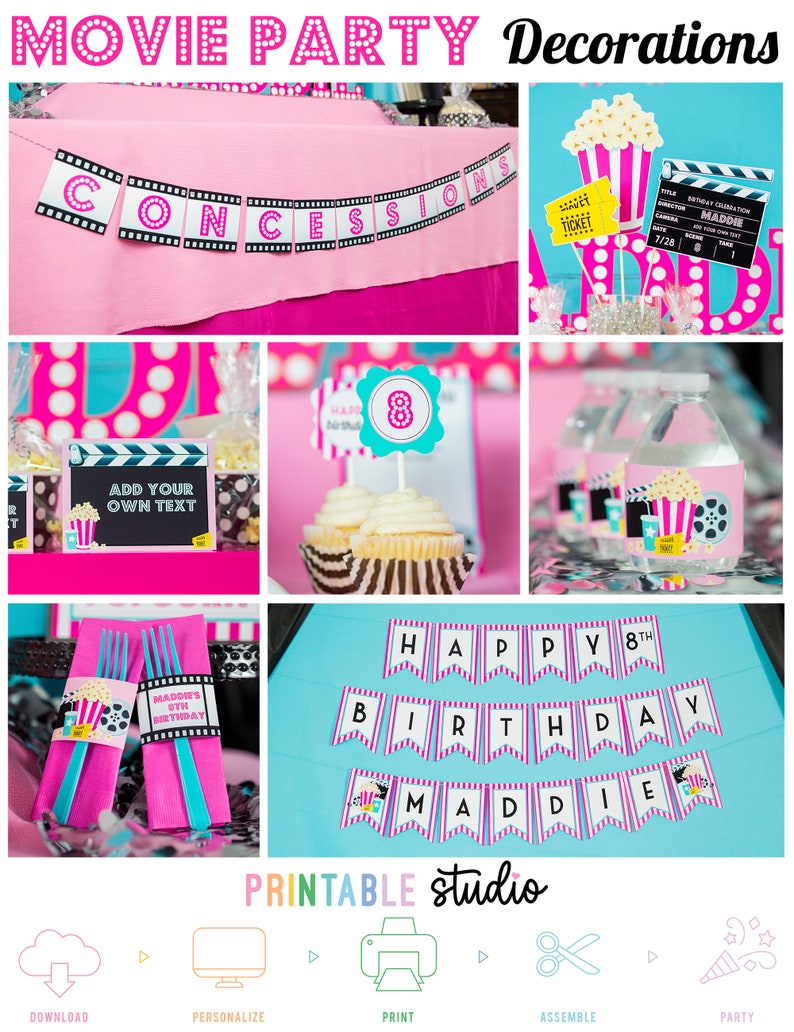 May include: Printable movie party decorations in pink, black, and white with a film reel theme. The decorations include a banner that says "CONCESSIONS", a banner that says "HAPPY 8TH BIRTHDAY MADDIE", cupcake toppers, and water bottle labels.