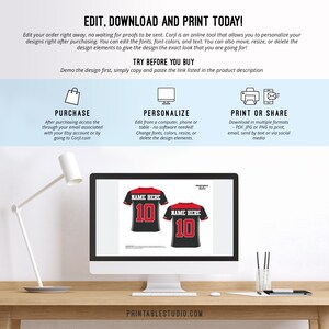 Puede incluir: Plantilla digital editable para una camiseta deportiva negra y roja con el texto "NAME HERE" y el n&uacute;mero "10" en la parte delantera. La plantilla se puede personalizar con diferentes fuentes, colores y texto.