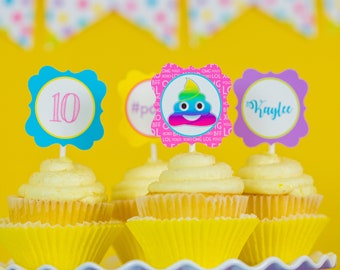 Party Pooper Cupcake Topper - Instant Download Emoji Party Pooper Cupcakes - Printable Rainbow Poop Emoji Cupcakes by Printable Studio