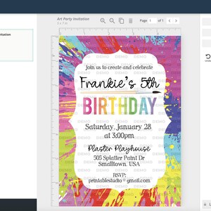 以下が含まれることがあります： カラフルなペイントの飛沫の背景に、白い枠と「Join us to create and celebrate Frankie's 5th Birthday. Saturday, January 28 at 3:00pm. Plaster Playhouse 505 Splatter Paint Dr. Smalltown, USA. RSVP: printablestudio@gmail.com」というテキストがあります。