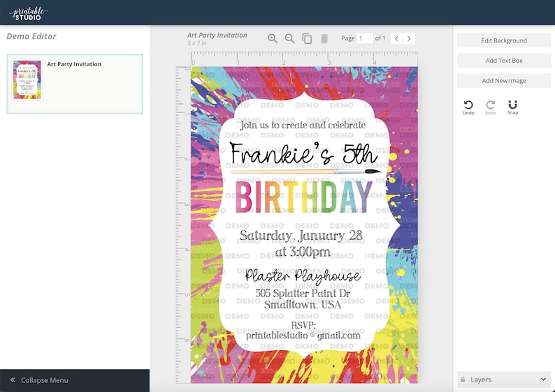 以下が含まれることがあります： カラフルなペイントの飛沫の背景に、白い枠と「Join us to create and celebrate Frankie's 5th Birthday. Saturday, January 28 at 3:00pm. Plaster Playhouse 505 Splatter Paint Dr. Smalltown, USA. RSVP: printablestudio@gmail.com」というテキストがあります。