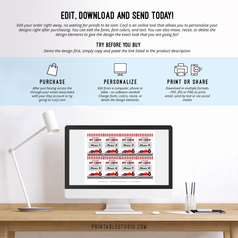 May include: Printable red and black race car pit crew pass templates displayed on a computer screen. The template includes the text "VIP Pass Pit Crew" and a space for a name.
