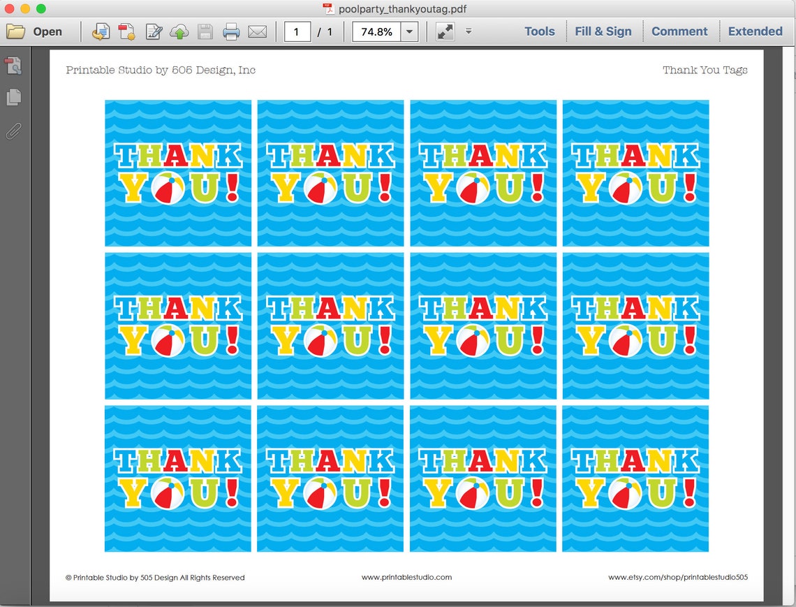 Pool Party Thank You Tag Instant Download Printable Pool | Etsy