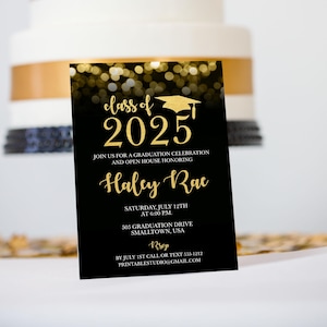 Graduation Party Invitation in Black and Gold - Graduation Party Invitation - 2025 Graduation Invitation - Black Gold Graduation